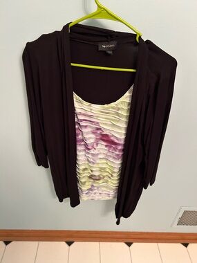 AB Studio Black Open-Front Cardigan with Pastel Ruffle Tank